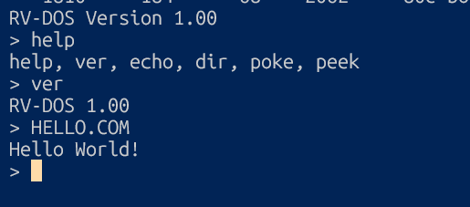 HELLO.COM, an unmodified early-DOS binary, running on RV-DOS on CH32V307 silicon